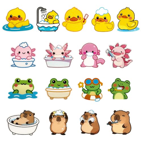 UNEEDE Bathtub Non Slip Stickers, 17-Pack Cute Axolotl, Duck, Capybara, Frog Decals, Shower Floor Non Slip Stickers, Textured Surface Anti Slip Shower Stickers, Safety Grip with Premium Scraper
