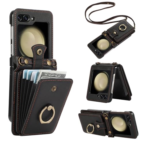 Asuwish Phone Case for Samsung Galaxy Z Flip 5 5G 2023 Wallet Cell Cover with Crossbody Strap Ring Stand RFID Credit Card Holder Leather Accessories ZFlip5 Z5 G Flip5 5Z Women Men Girls Black