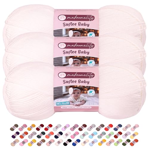 Image of 3 Skeins of Makromecity Softee Baby Yarn,%100 Premium Anti-Pilling Acrylic, 3.5 Oz, 273 yd (100gr /250 mt) Each, Soft Yarn for Crocheting and Knitting (Snow White, 3 Skeins)