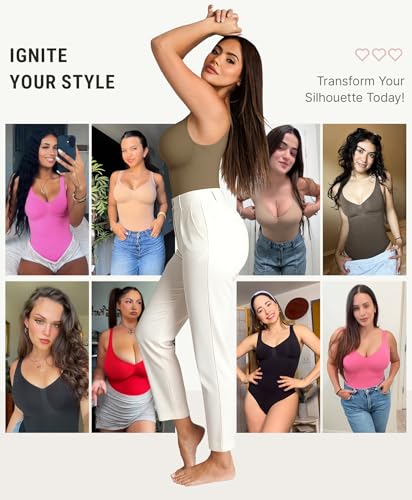 Image of FeelinGirl Shapewear Bodysuits for Women Tummy Control Thong Seamless V Neck Compression Body Suits Corset Top