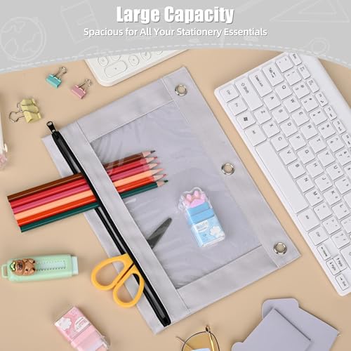 Image of Lanpn Pencil Pouch for 3 Ring Binder 6 Pack, Aesthetic Binder Pen Holder with Zipper, 3 Holes Pencil Bags Organizer for Boy Girl Kids School Student, Reinforced Grommets & Clear Window, Grey
