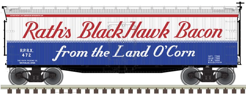 Atlas O Scale 40' Wood Reefer - 2-Rail - Rath's Black Hawk Bacon/RPRX #472