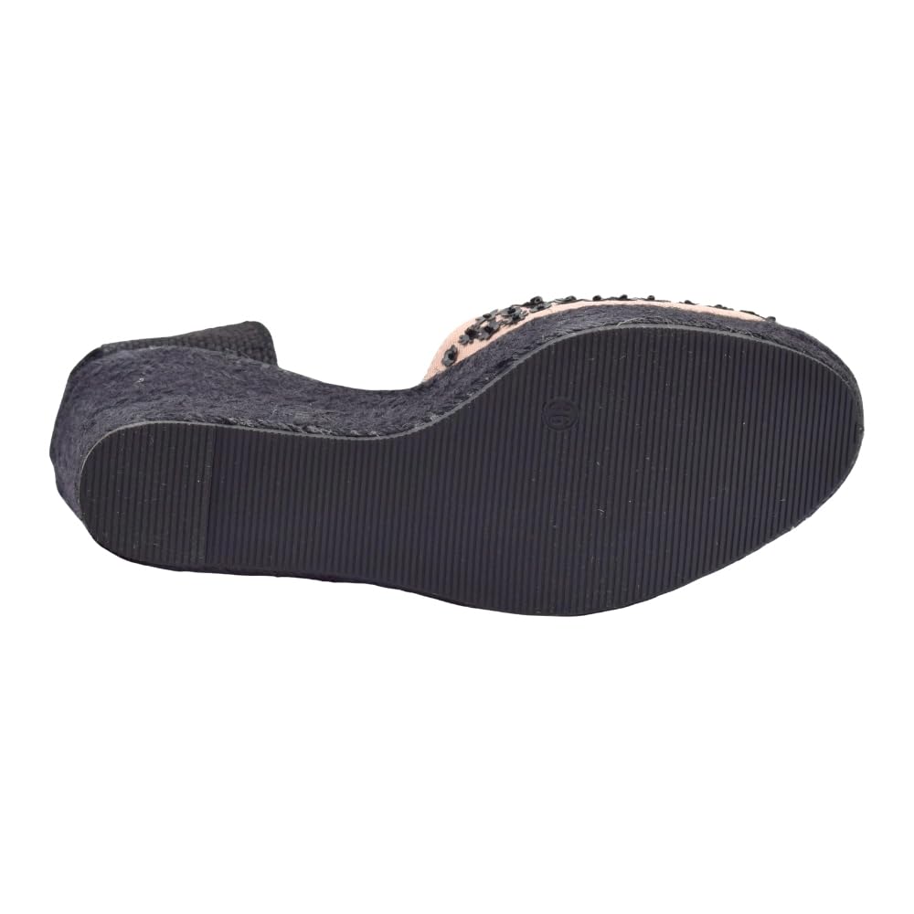 PASARELA - Sandalias valencianas con Detalles de Pedrería Plataforma y cuña de 7 Cuerdas Esparto/Yute para Mujer, Color Negro Textil y sintético