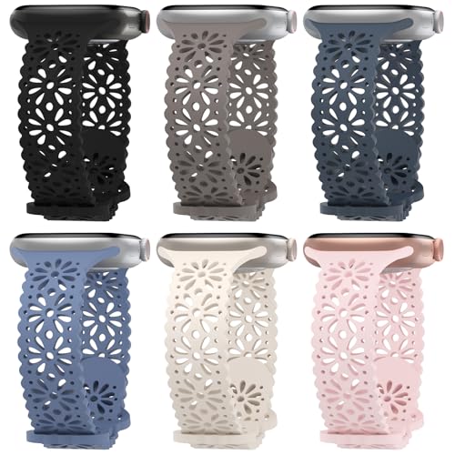 Image of 6 Pack Slim Thin Lace Hollow-out Silicone Bands Compatible with Apple Watch 38mm 40mm 41mm 42mm 44mm 45mm 46mm 49mm Women, Breathable Sport Strap for iWatch Series 11 /10 /9 /8 /7 /6 /5 /4 /3 /2 /1 Ultra SE