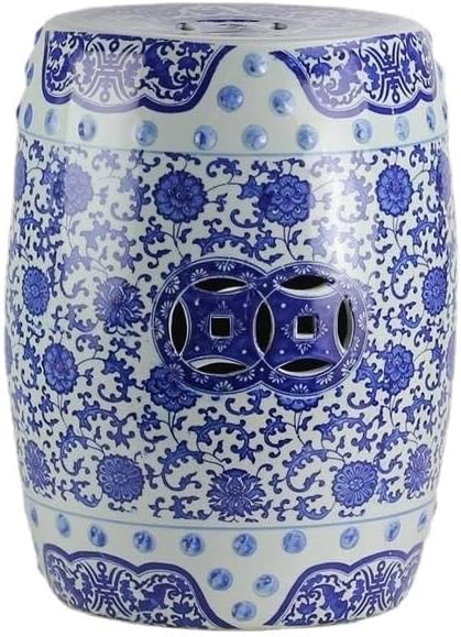 Garden Stool Decorative Garden Stools Blue and White Tangled Lotus with Coin Hole Cool Stool Ceramic Pier Bathroom Shoe Bench Home Living Room Craft Bottle Ornaments Ottomans