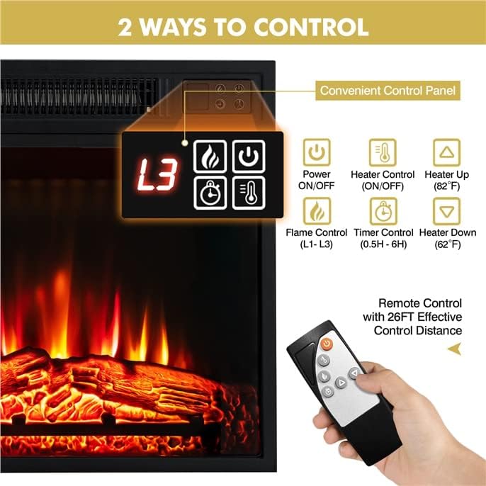 Miniatura 5 de Chimenea eléctrica integrada de 18 pulgadas, calentador de chimenea empotrado con control remoto, temperatura ajustable y brillo de llama,