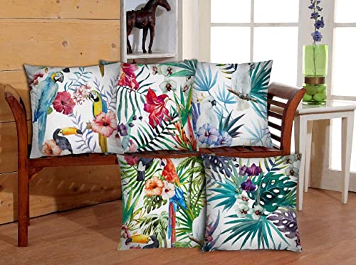 Image of RD TREND Jute Cushion Covers 16x16 Inch - Set of 5 | Digital Printed Decorative Throw Pillow Covers for Sofa, Couch, Living Room & Bedroom | Cushion Cases (Without Fillers)-Parrot