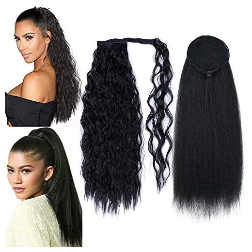 YMHPRIDE 2 pièces 24" de long noir bouclé queue de cheval titulaire extension de cheveux enrouler autour et cordon extensions de queue de cheval clip synthétique extensions de cheveux de queue