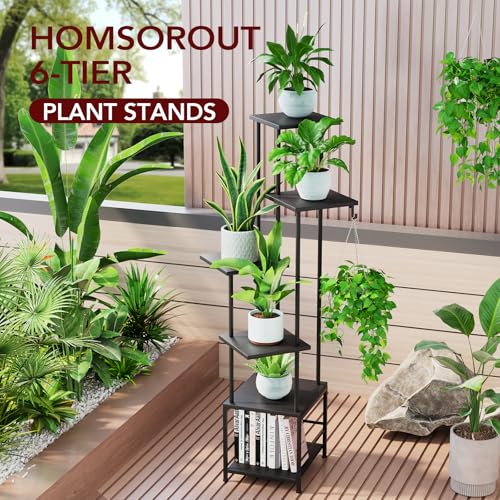 Image of Homsorout Plant Stand Indoor with Grow Light - 6-Tier Metal Plant Shelf with Hanging Basket Hook, Corner Tall Flower Holder for Multiple Plants, Living Room Balcony Garden Patio, Black