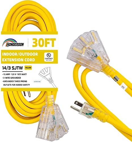 HONDERSON 3-Outlets Indoor Outdoor Extension Cord Weatherproof with Lighted End, UL Listed, 14 Gauge 30FT Yellow 3 Prong Heavy Duty Extension Cord Multiple Outlets, 14/3 SJTW 15A Extension Cord