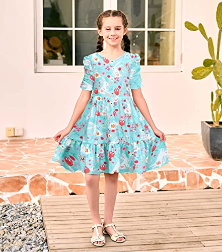 Alisister Little Girls Easter Dress Summer Puff Short Sleeve Bowknot Tie Back Backless Casual Bunny Floral Hawaiian Pattern Pattern 3D Printed Ruffle Swing Midi Sundress Twirly Frock 7 Year Old Green #TOP1
