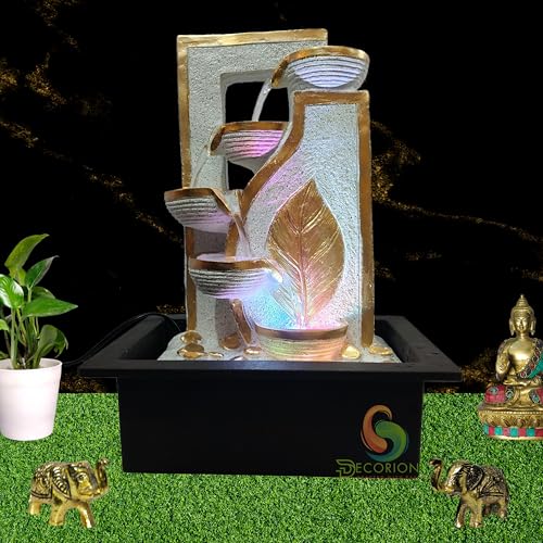 Image of Decorative Table Top Water Fountain for Home Decor /Office /Indoor & Outdoor /Garden /Puja Room /Vaastu with Multicolor LED Light and Adjustable Water Pump (White Leaf Diya D-040)