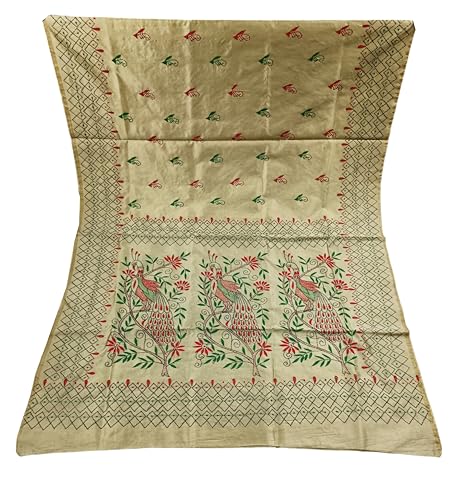 Image of SHRISTI CLOTHINGS Women's Hand Embroidered Cotton Silk Kantha Stitch Saree with Blouse Piece (SB420324 SWD53)