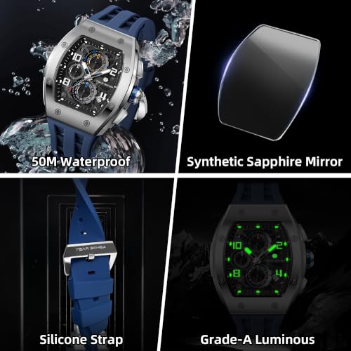 Image of TSAR BOMBA Men's Luxury Quartz Watch, Luminous Dial 5ATM Water Resistance Silicone Strap Men's Wristwatch Ideal Gift for Men