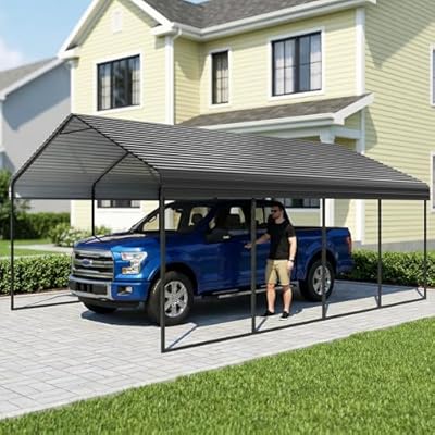 PMEIXU 12x20FT Metal Carport, Heavy Duty Galvanized Steel Carport Canopy with Reinforced 1.0mm Frame & 0.25mm Iron Roof, All-Weather Outdoor Garage Shelter for Pickup Trucks, Boats, Tractors