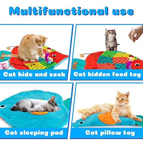 Image of AWOOF Cat Mat, Cute Soft Catnip Mat, Cat Activity Mat Machine Washable Cat Play Mat for Small Medium Large Cats with 8 Pockets, Crinkle Paper Self-Warming Kitty Snuggle Mat Interactive Catnip Toys