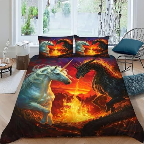 Housse de couette licorne dragon anti-plis avec fermeture éclair pour parure de lit - 3