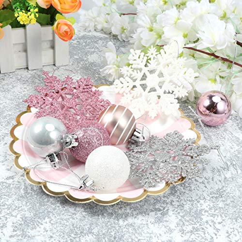 Amosfun-24Pcs-Silver-Pink-Christmas-Decorations-Xmas-Tree-Silver-Baubles-Snow-Balls-Christmas-Party-Snowflake-Pendant