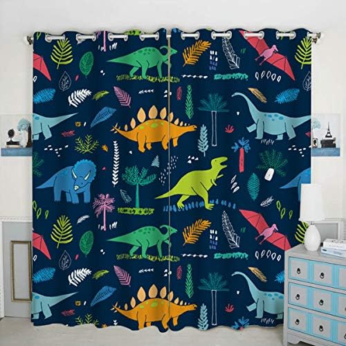 QH Window Curtain Panels Dinosaur Pattern Blackout Curtain Panels Thermal Insulated & Light Blocking 42W x 84L inch (Set of 2 Panels)