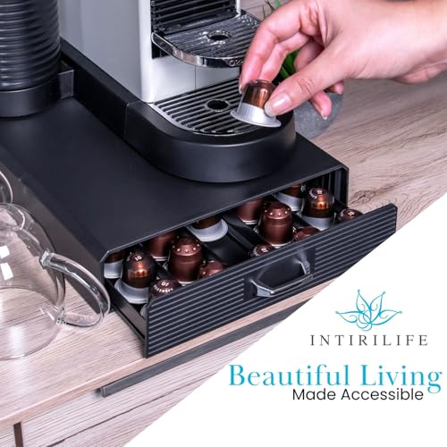 Intirilife Aufbewahrungsschublade für 50 Kaffeekapseln- Kompatibel mit Nespresso Kapseln -38.2 x 23.2 x 5,6 cm- Kapselhalter Schubfach Schubkasten Aufbewahrungsbox in Schwarz Kaffee Kapselmaschine