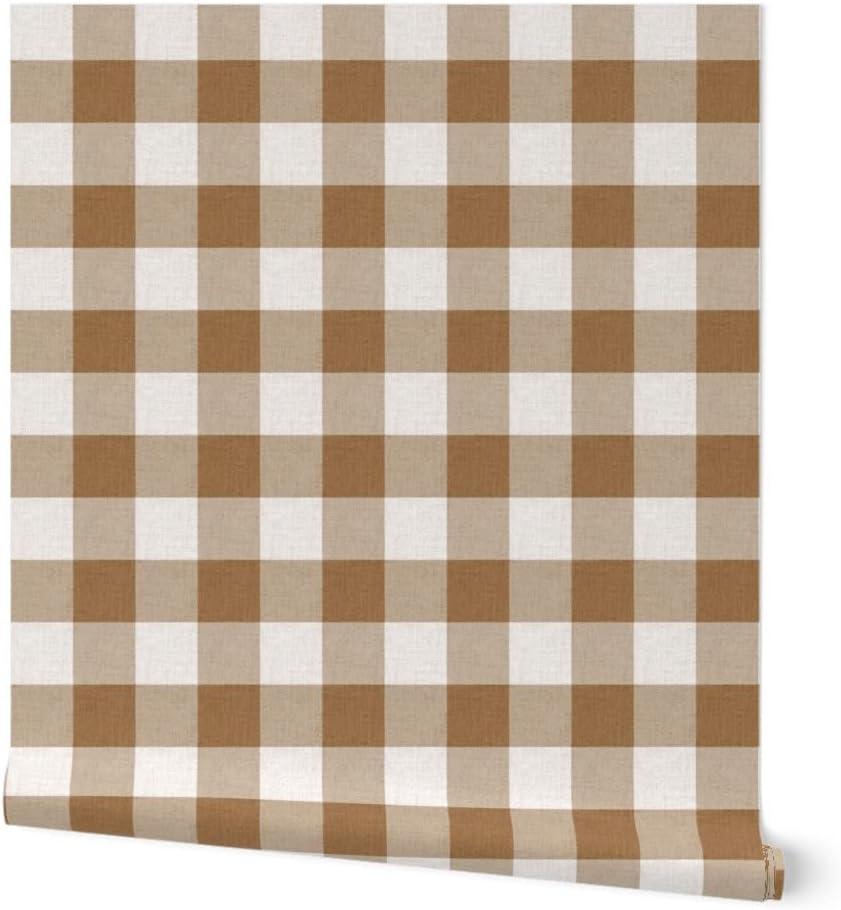 Commercial Grade Wallpaper 27ft x 2ft - Rustic Check Tan Caramel Neutral Beige Earth Tones Cottagecore Soft Browns Traditional Wallpaper by Spoonflower