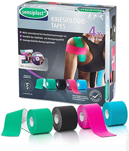 Sensiplast Kinesiology Tape (4 rollos, sellados) con aplicación de DVD, 4 rollos de 5 m x 5 cm