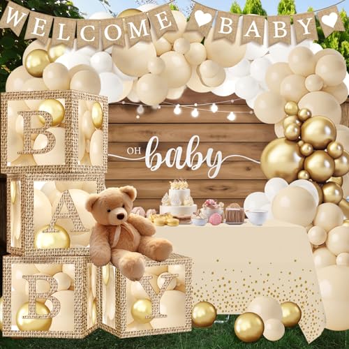 Boho Baby Shower Decorations - BOHO Balloon Garland Arch Kit, Rustic Farmhouse Style Transparent Baby Boxes with Letters, Welcome Baby Banner, Backdrop Tablecloth for Gender Reveal