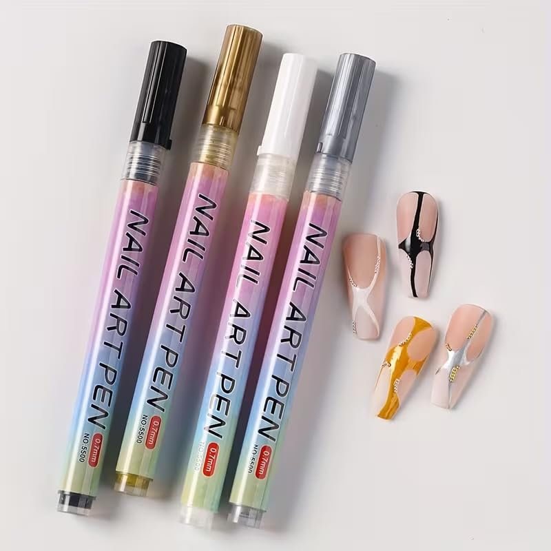 Levin Nail Art Pens Set 4 Colors Nail Polish Graffiti Pens, Nail Varnish Pens, Waterproof Quick Dry Nail Drawing Pen, Acrylic Marker Pens 0.7mm Fine Tip Nail Point Graffiti Pens Nail Art Kit