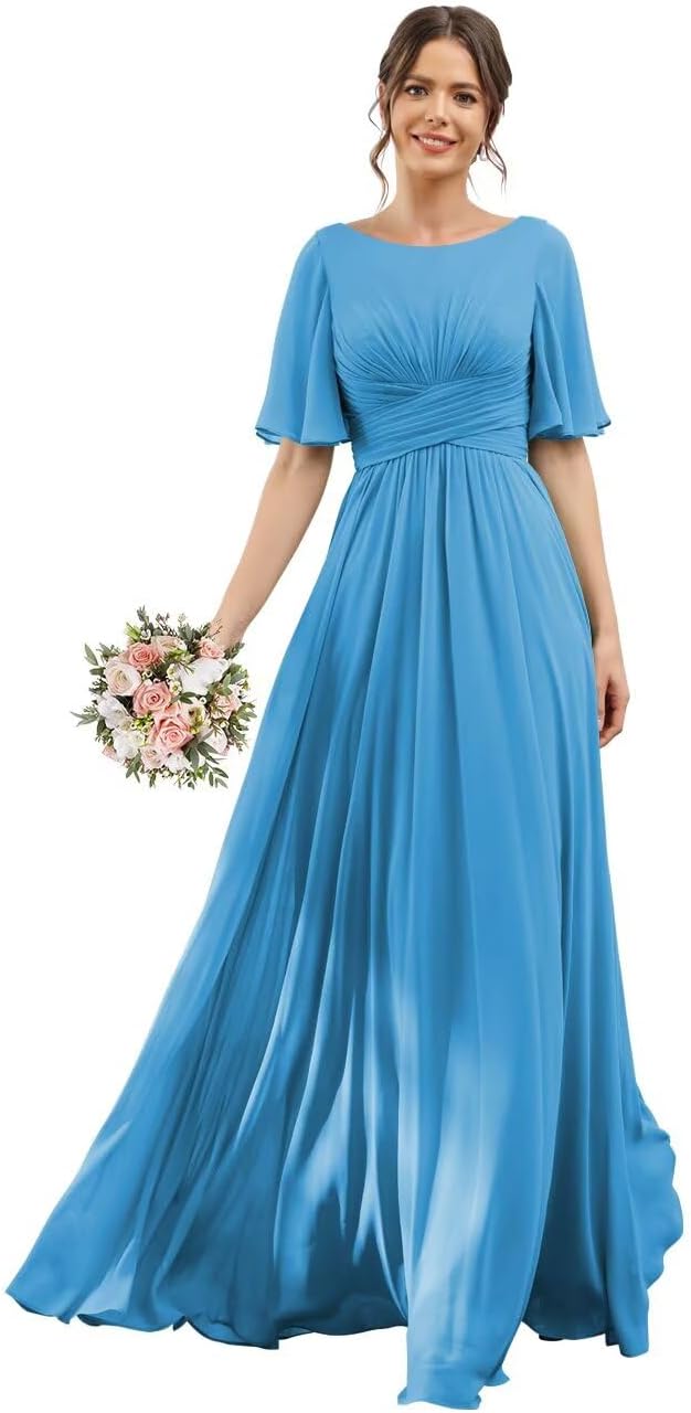 Long flutter sleeve chiffon bridesmaid dress with slit and pockets