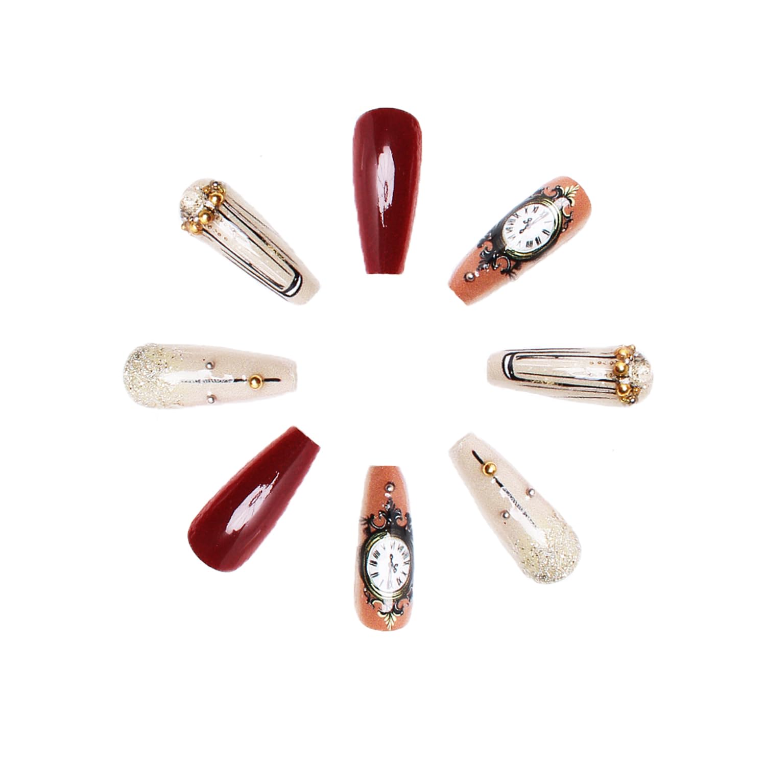 Christmas Press on Nails Medium Coffin Fake Nails New Year Theme Glitter Wine Glass Christmas Balls Clock Designs Full Cover Acrylic Nails Sparkly Xmas Stick on Nails for Women Nail Art DIY 24 Pcs