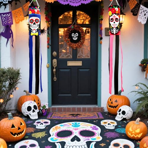 NOVWANG 2 Pcs Day of The Dead Windsocks Dia de Los Muertos Wind Socks Day of The Dead Hanging Windsock Flag Decoration for Garden Yard Porch Backyard Patio Decor
