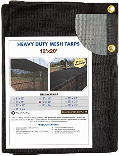 Windscreensupplyco (12 FT X 20 FT) Heavy Duty Black Knitted Mesh Tarp with Grommets 60-70% Shade Use for Shade, Green House, Garden, Canopy, Pools, Dump Truck