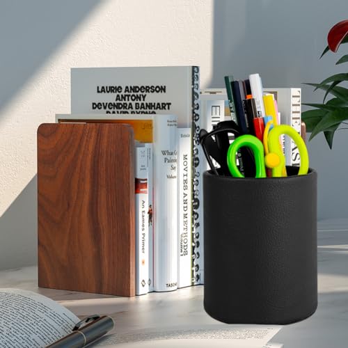 Image of Pen Pencil Holder Cup Container PU Leather Desk Organizer Stand Decor Brush Scissor Holder Decoration Office Desk Home School (3.3 inch x 3.3 inch x 4 inch, Black)