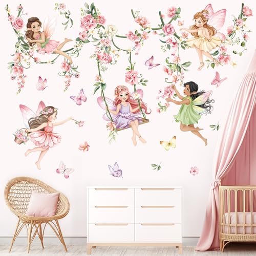 decalmile Stickers Muraux Fleur Fée Rose Fille Autocollant Mural Elfes Floral Aquarelle Rose Pendaison Vigne Décoration Murale Bébé Fille Chambre Enfants...