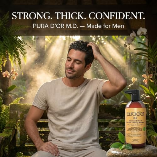 Image of PURA D'OR MD Anti-Hair Thinning Maximum Defense Shampoo - 0.5% Coal Tar, Biotin, Proprietary Herbal Blend For Dry & Itchy Scalp, No Sulfates - For Men & Women, Strong Coal Tar Scent 16 Oz