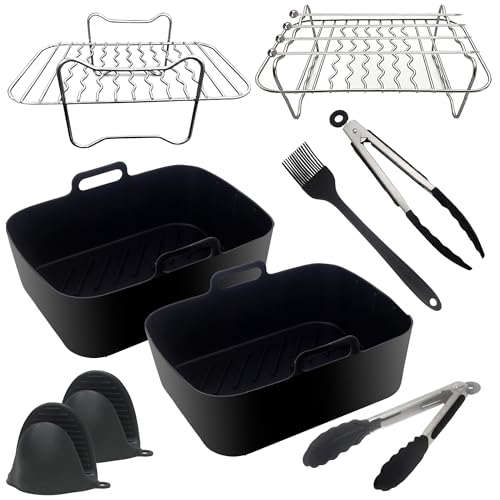 Optivice Air Fryer Accessories, Set of 8 for Ninja Air FryerAF400UK & AF451UK & Tower T17088, 2 Reusable Silicone Air Fryer Liners,2 Air Fryer Rack,4 Skewers,2 Silicon Gloves,Kitchen Tongs & Oil Brush