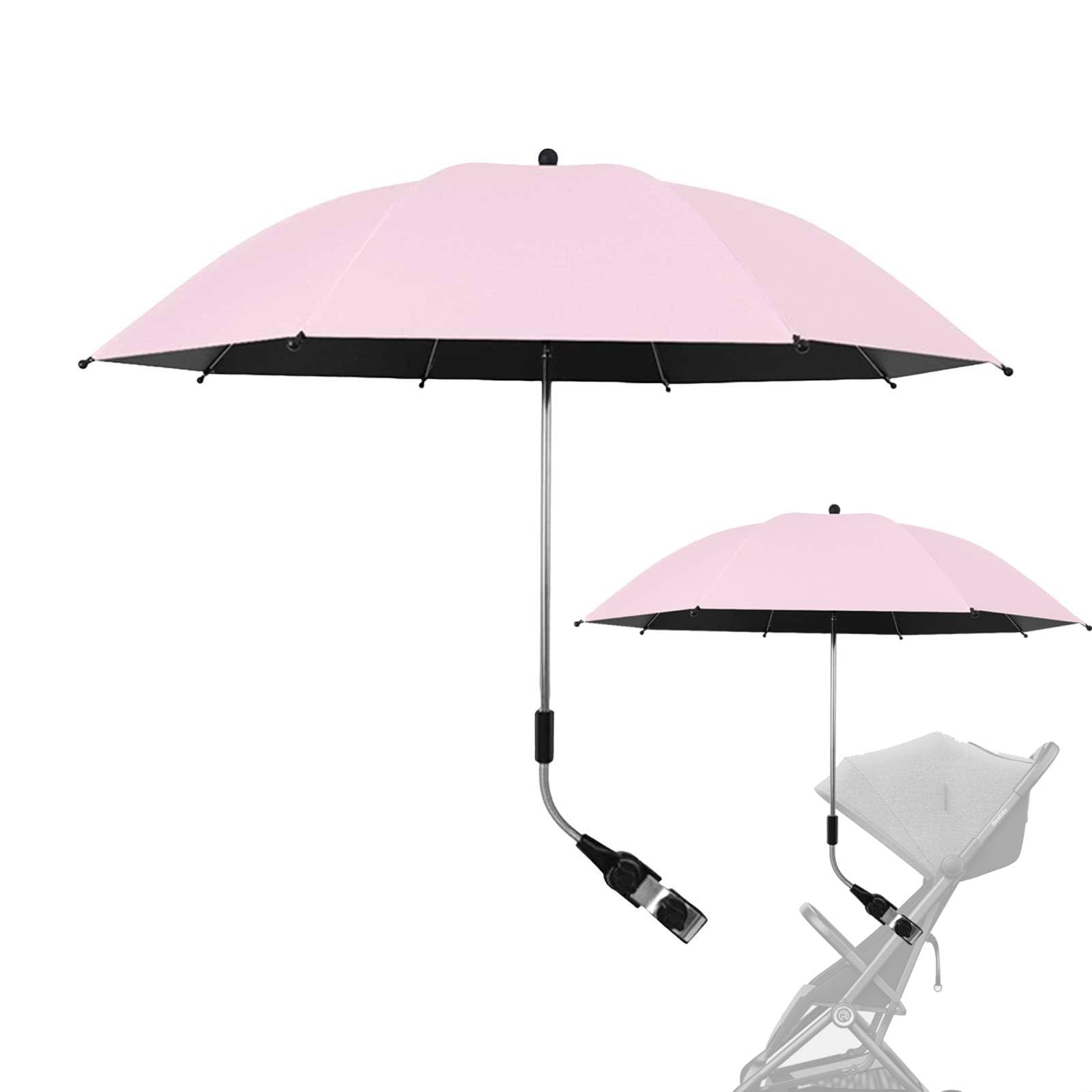 Pram Parasol, 50+ UV Stroller Umbrella, Universal UV Parasol Sun Canopy with 360° Adjustable Sun Shade for Pram with Adjustable Fixing Clamp for Safe Summer Walks (Pink)