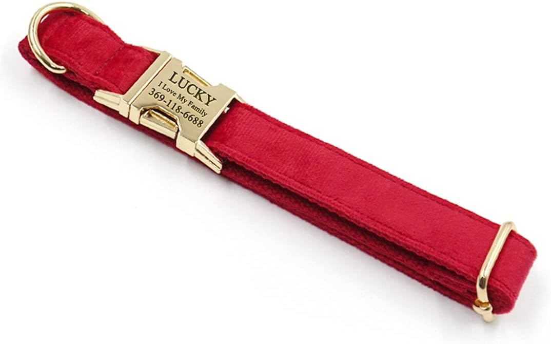 PETDURO Custom Dog Collar Personalized with Name Engraved Cute Velvet Quick Release Gold Metal Buckle for Large Medium Small Dogs (Red, Collar with Bow Tie)