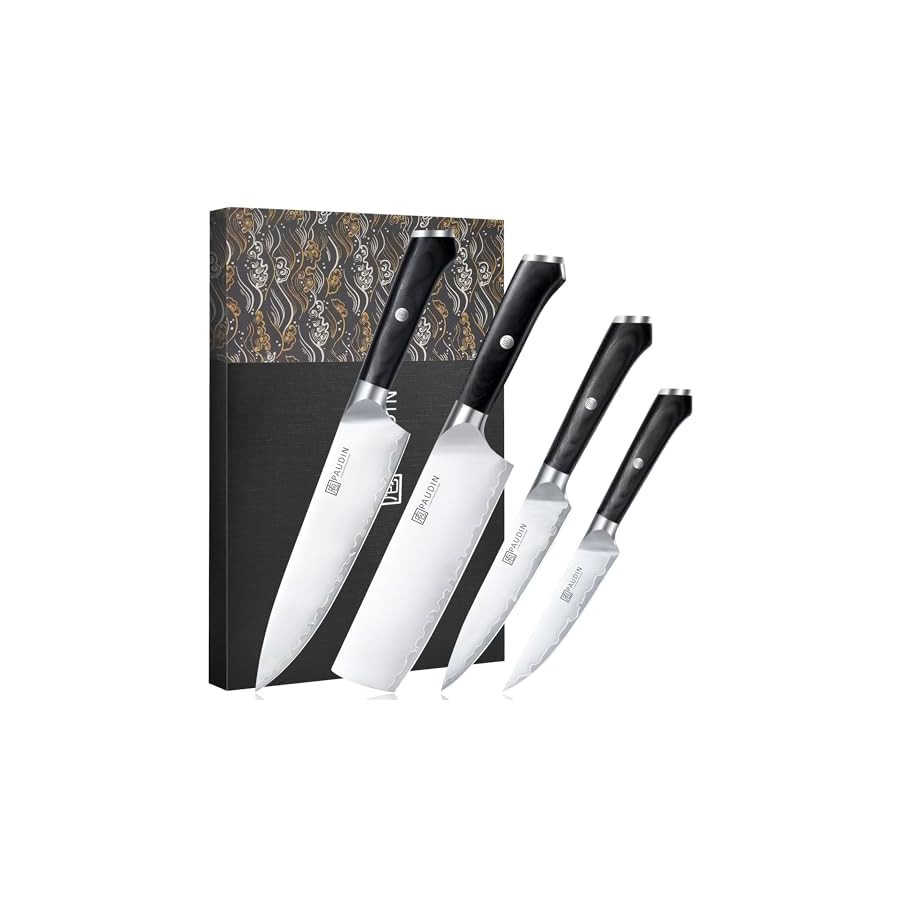 PAUDIN Kitchen Knife Set, 4 Pieces Chef Knife Set, High Carbon Stainless Steel Knife Set, Ultra-Sharp Knives Set for Kitchen with Ergonomic Wooden Handle, Gifts for Men and Women