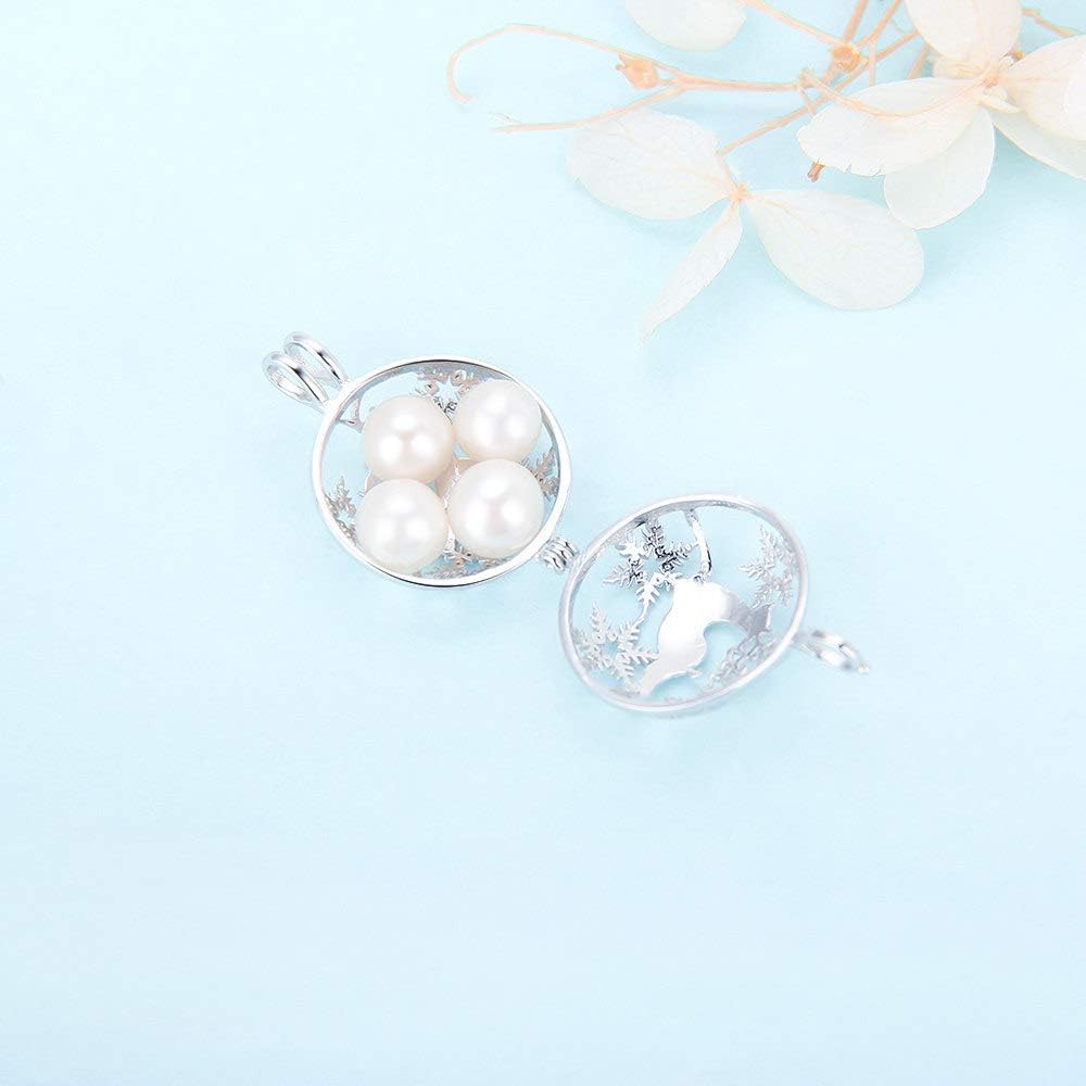 Snowflake Deer Round Cage Pendants for Pearl Jewelry Making Sterling Silver, Design Cage Pendants for Women