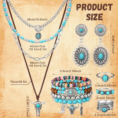 Image of Ecally Bohemian Western Jewelry Turquoise Set Women Country Pendant Long Choker Layered Bracelets Earrings Ring for Women