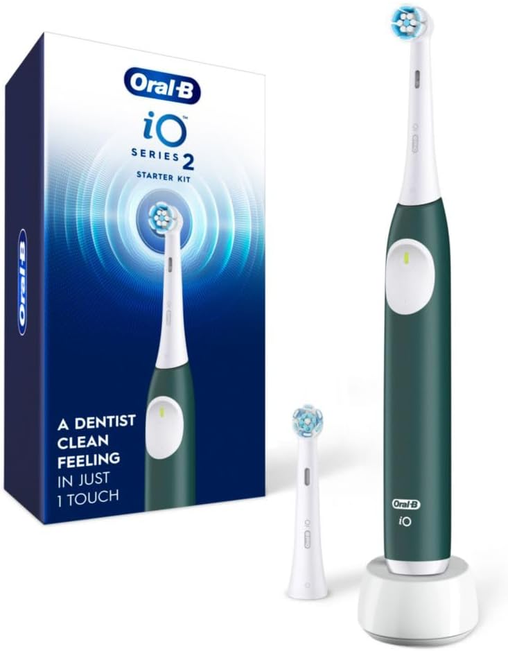Rechargeable Electric Toothbrush, iO2 Starter Kit, 3 Cleaning Modes, Automatic Pressure Sensor to Protect Gums, 2 Brush Heads, Forest Green