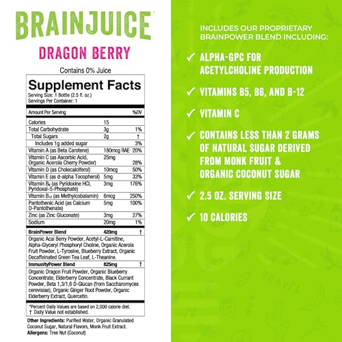 Image of BrainJuice Brain Support Shot, Gluten Free Supplement Shots for Energy & Focus, Healthy Drinks with Alpha GPC, Vitamin B, 2.5 fl oz, 12 Pack (Dragon Berry)