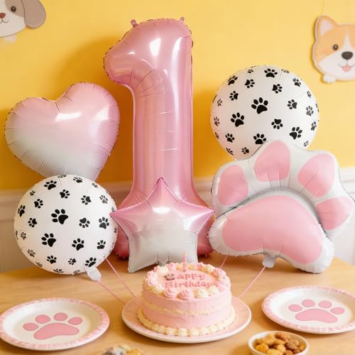 Image of 1st Birthday Dog Paw Balloons Set,18'' Paw Prints, Heart,Star,Paw Shaped Foil Balloon 40 Inch Pink Number 1 Helium balloons for Puppy Themed Baby Shower First Birthday Party Decorations Supplies 6PCS