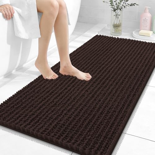 Image of OLANLY Long Bathroom Rugs Runner 47x24, Thick Soft and Absorbent Chenille Bath Mat, Non-Slip, Machine Washable Quick Dry Bath Rugs for Tub Shower Floor, Home Decor Accessories, Brown