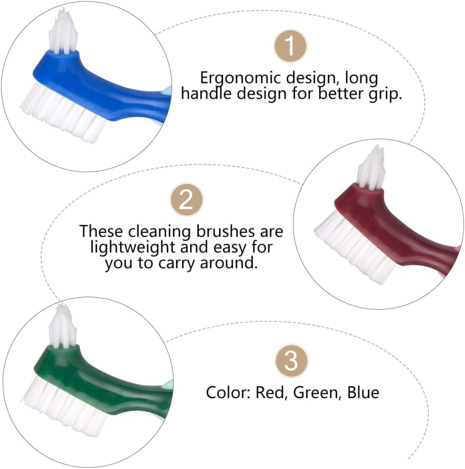 Double-Headed Denture Cleaning Brush Set of 3 with Ergonomic Long Handle Portable False Teeth Toothbrush for Effective Denture Care and Travel Use 6.29 Inch