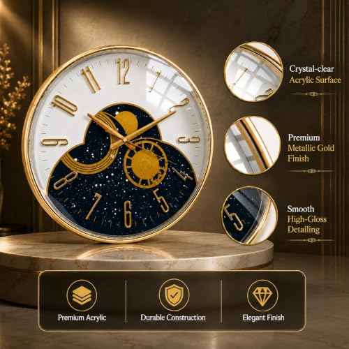 Image of ARMONIA Premium Designer Wall Clock for Living Room 15 Inch | Silent Quartz Acrylic Wall Clock | Luxury Gold & Blue Decorative Round Wall Clock for Modern Home & Office Decor, Bedroom & Decor