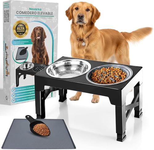 NOVARKA® | Comedero Perro Elevado con 5 Alturas | Bebedero de Acero Inoxidable y Comedero Perro Antivoracidad | KIT PREMIUM con Alfombra Antideslizante y Pala Pienso EXTRAS | Ideal para Casa o Terraza