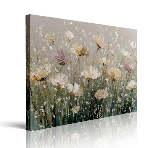 Serene White Lavender Floral Canvas Wall Art Framed Oil Painting Impressionist Botanical Print Thick Textured Artwork Pastel Wall Decor Poster for Calming Bedroom Living Room Home Decor 16x24 Inches