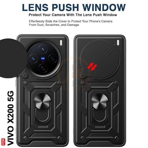 Image of Armor Bumper Back Cover Case for vivo x200 5g Rotating Camera Cover, Ring Holder & Kickstand | Heavy Duty & 360 Degree Protection vivo x200 5g Back Cover (Black)